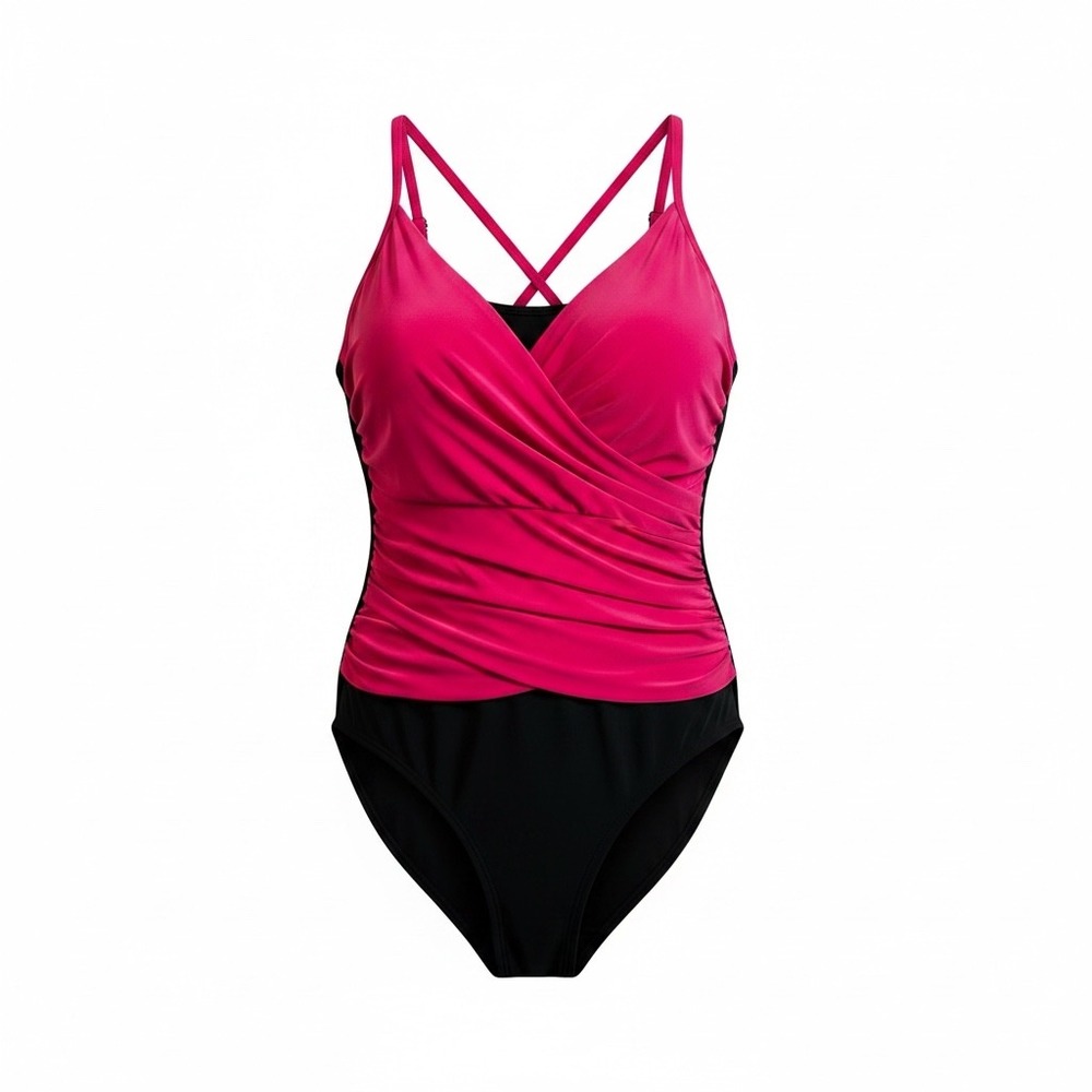 Aqua Green Womens XL Pink Black Ruched Surplice One Piece Swimsuit Tummy Control